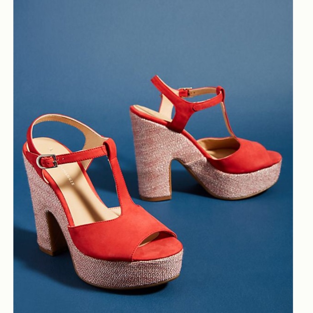 Anthropologie glitz t-strap platform heels